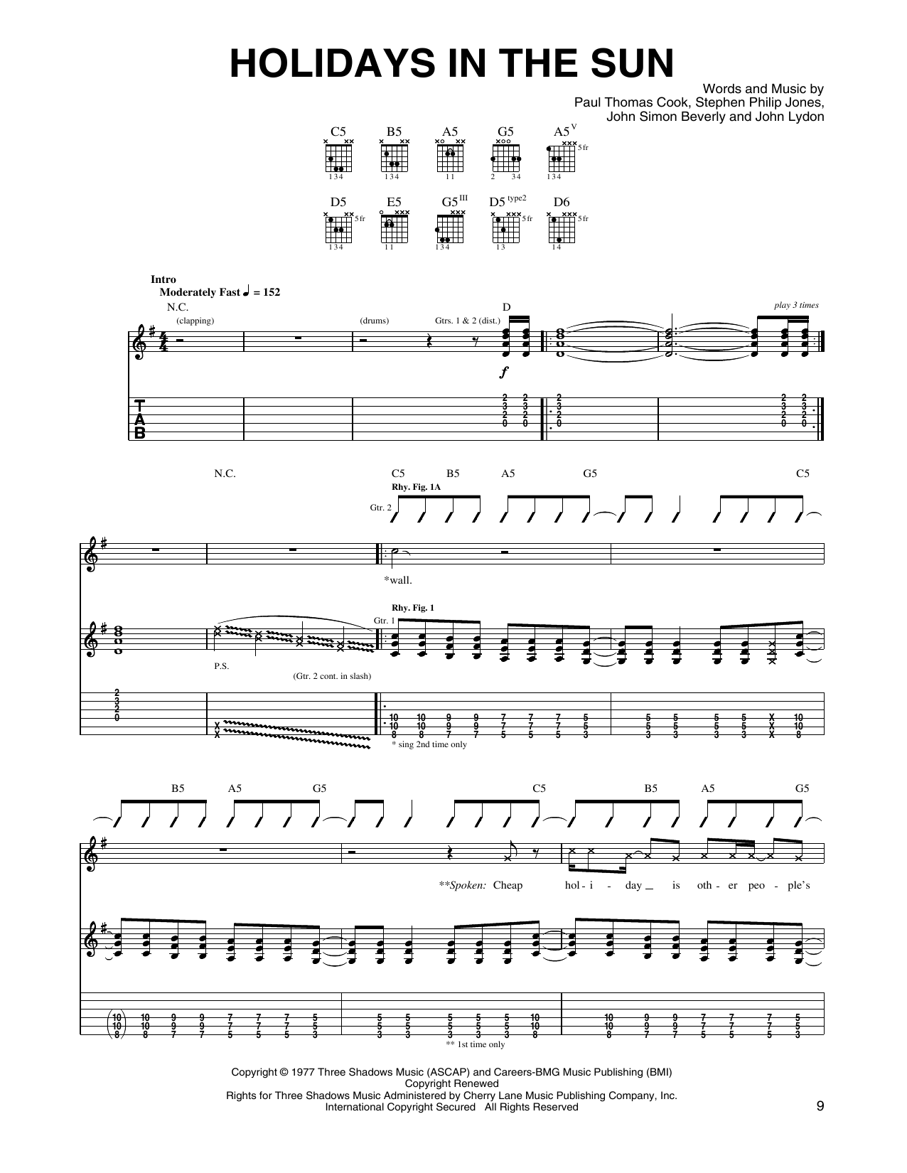 Sex Pistols 'Holidays In The Sun' Sheet Music | Download Printable PDF  Chords & Score at FreshSheetMusic.com