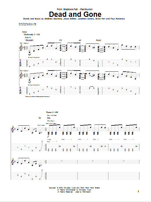 Shadows Fall Dead And Gone sheet music notes and chords. Download Printable PDF.