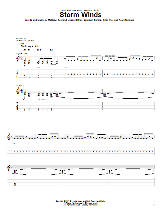 Shadows Fall Storm Winds sheet music notes and chords. Download Printable PDF.