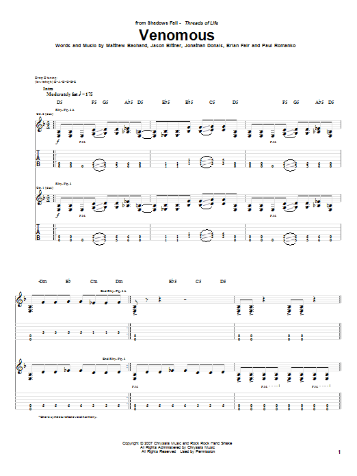 Shadows Fall Venomous sheet music notes and chords. Download Printable PDF.