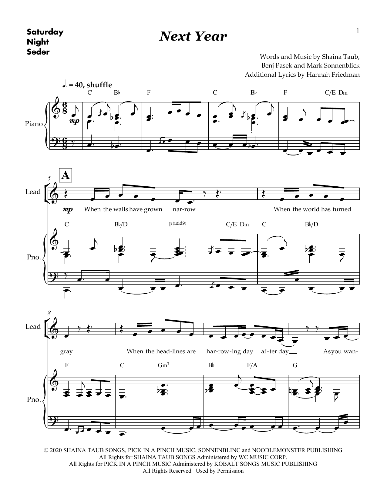 Learn to play Shaina Taub & Skylar Astin Next Year (from Saturday Night Seder) sheet music for Piano & Vocal in minutes. Shaina Taub & Skylar Astin Next Year (from Saturday Night Seder) sheet music notes and chords. Download Printable PDF.