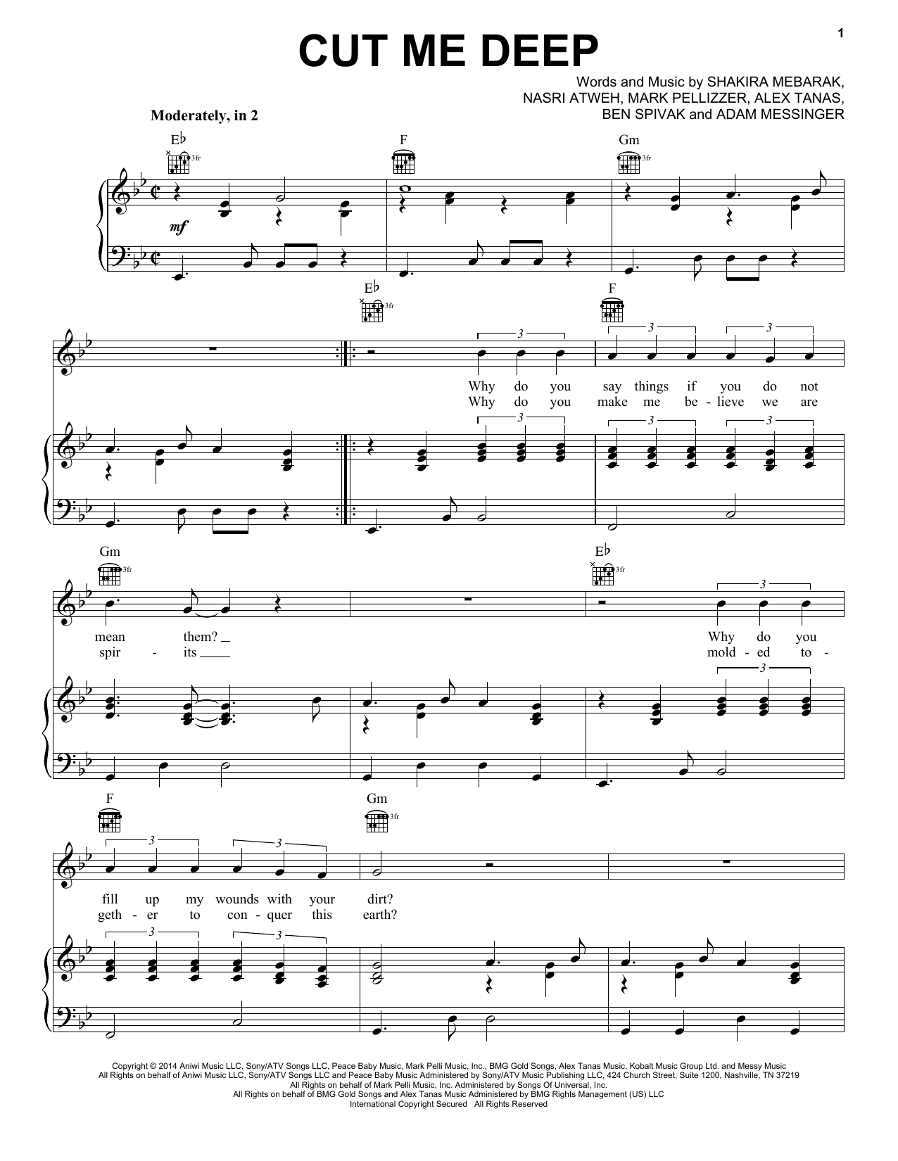 Shakira Cut Me Deep sheet music notes and chords. Download Printable PDF.