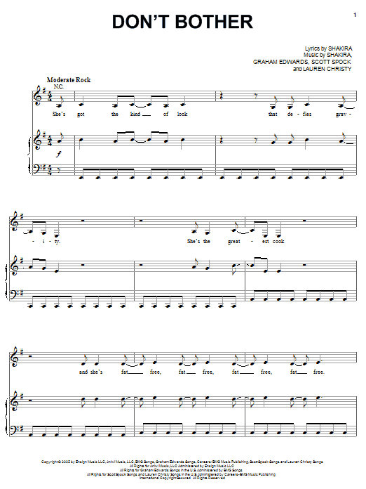 Shakira Don't Bother sheet music notes and chords. Download Printable PDF.