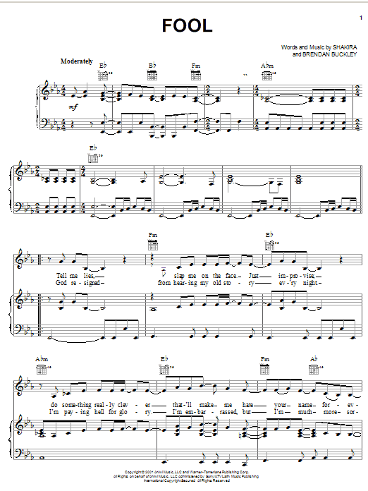 Shakira Fool sheet music notes and chords. Download Printable PDF.