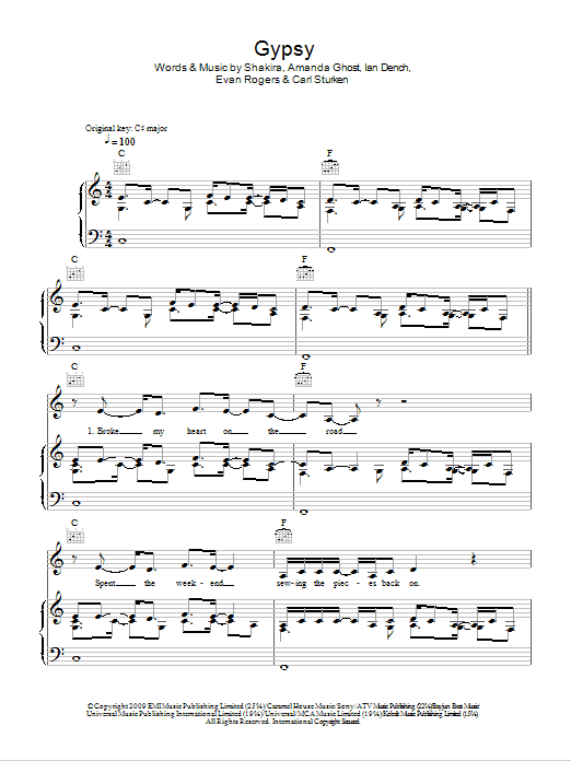 Shakira Gypsy sheet music notes and chords. Download Printable PDF.