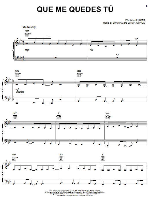 Shakira Que Me Quedes Tu sheet music notes and chords. Download Printable PDF.