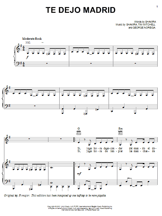 Shakira Te Dejo Madrid sheet music notes and chords. Download Printable PDF.