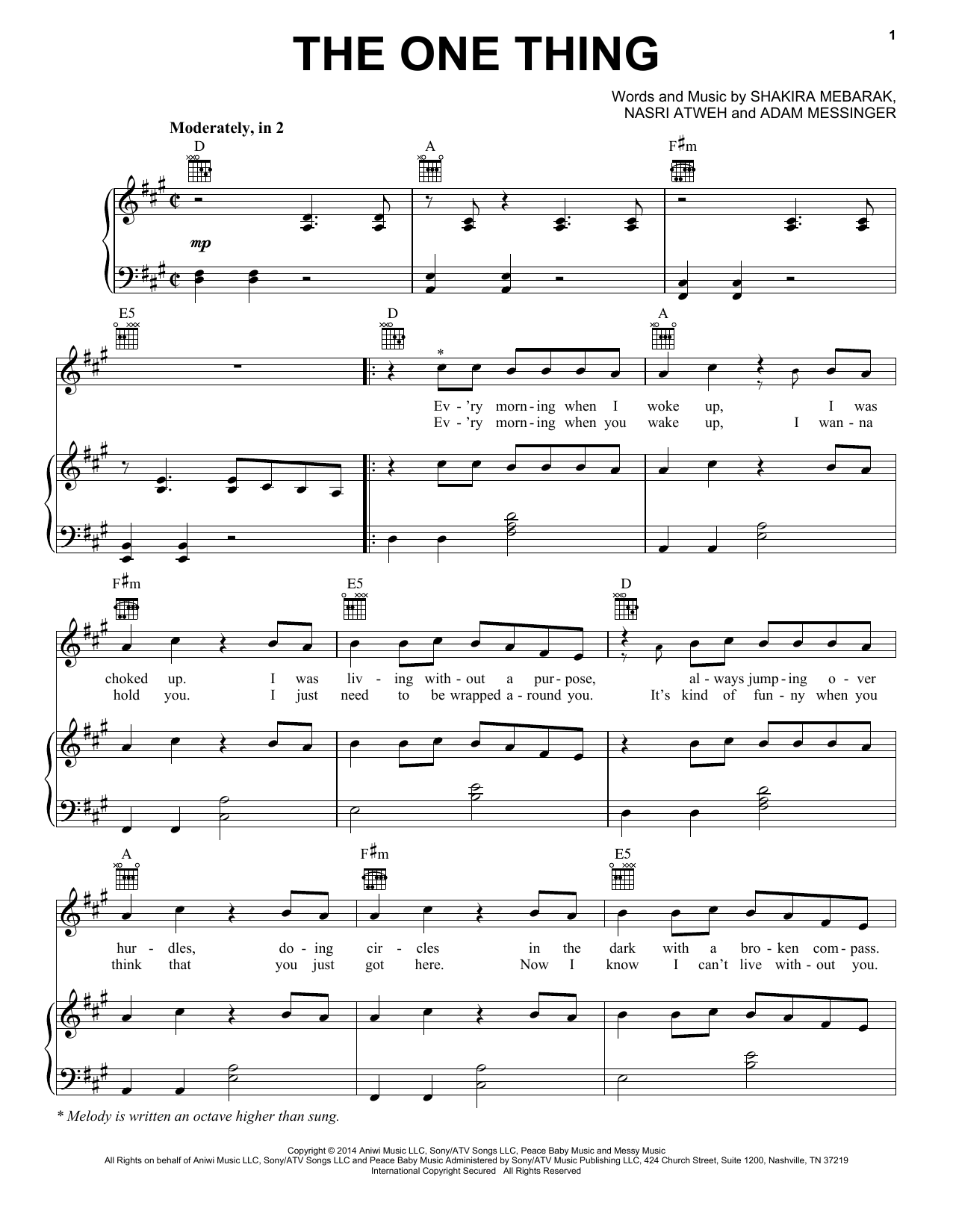 Shakira The One Thing sheet music notes and chords. Download Printable PDF.