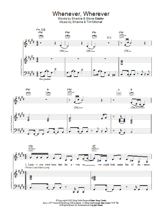 Whenever, Wherever Sheet Music by Shakira | Flute Solo | Download 2