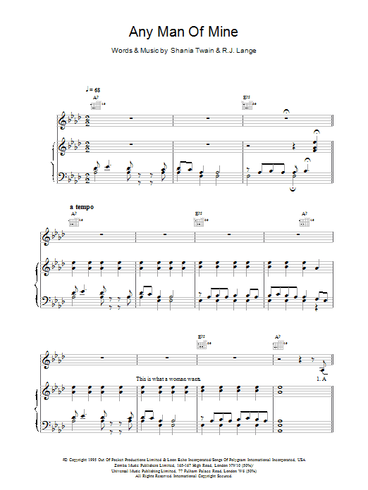 Shania Twain Any Man Of Mine sheet music notes and chords. Download Printable PDF.