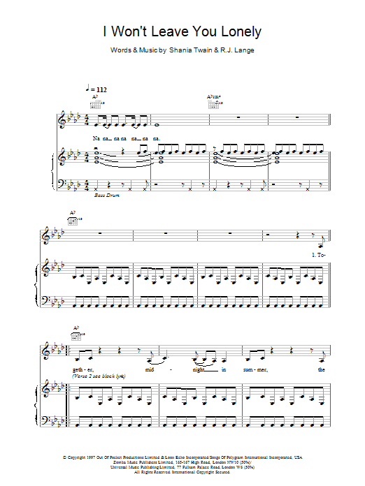 Shania Twain I Won't Leave You Lonely sheet music for Piano, Vocal & Guitar in minutes. Price: 7.8900$ Shania Twain I Won't Leave You Lonely sheet music notes and chords. Download Printable PDF.