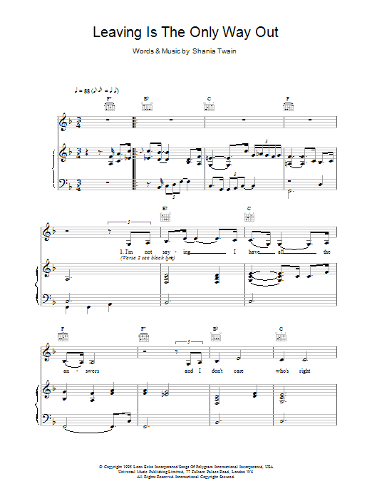 Learn to play Shania Twain Leaving Is The Only Way Out sheet music for Piano, Vocal & Guitar in minutes. Price: 7.8900$ Shania Twain Leaving Is The Only Way Out sheet music notes and chords. Download Printable PDF.
