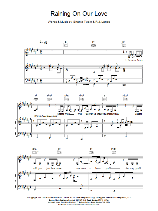 Learn to play Shania Twain Raining On Our Love sheet music for Piano, Vocal & Guitar in minutes. Price: 6.9900$ Shania Twain Raining On Our Love sheet music notes and chords. Download Printable PDF.