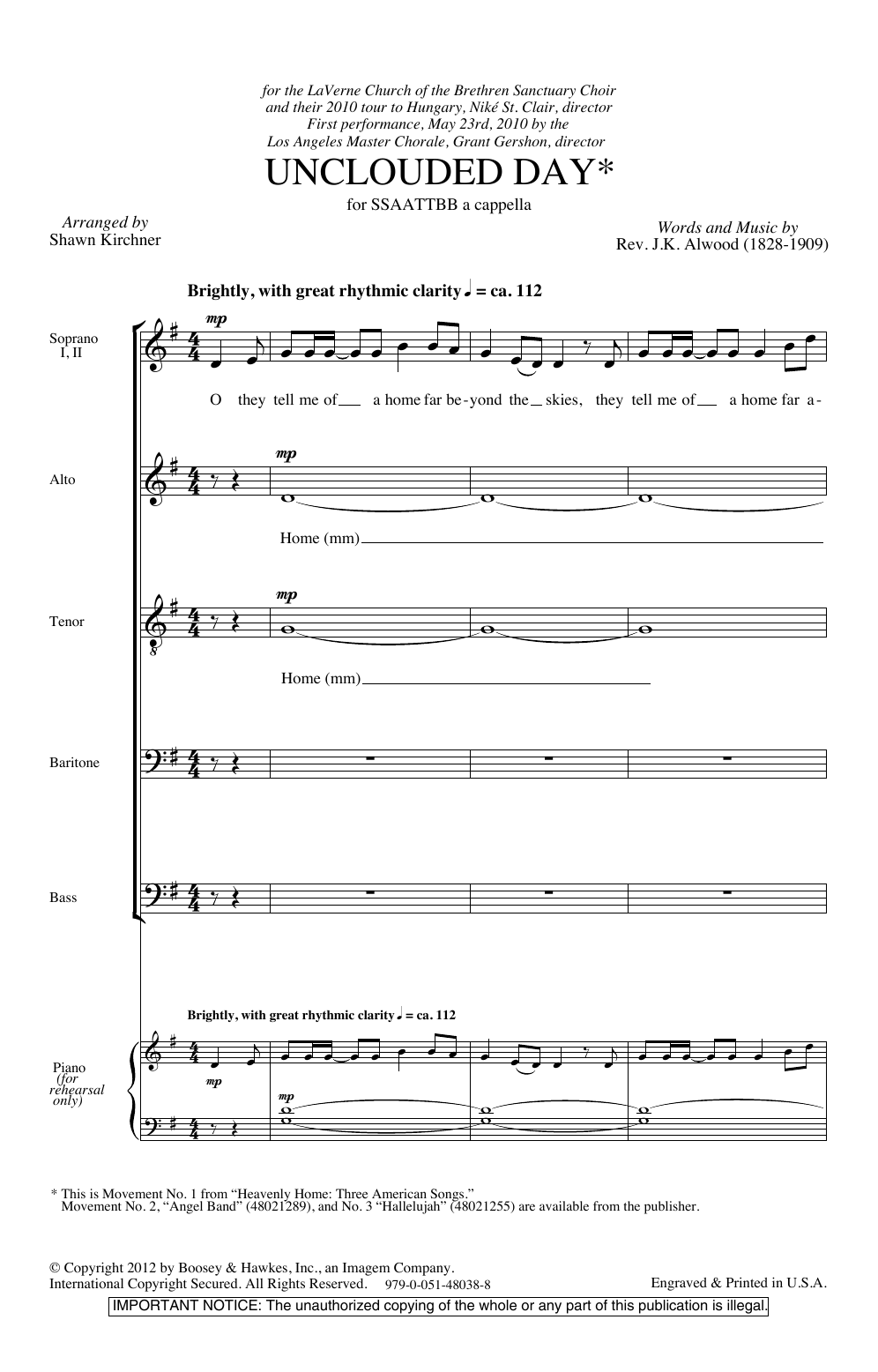 Shawn Kirchner Unclouded Day (from Heavenly Home: Three American Songs) sheet music notes and chords. Download Printable PDF.