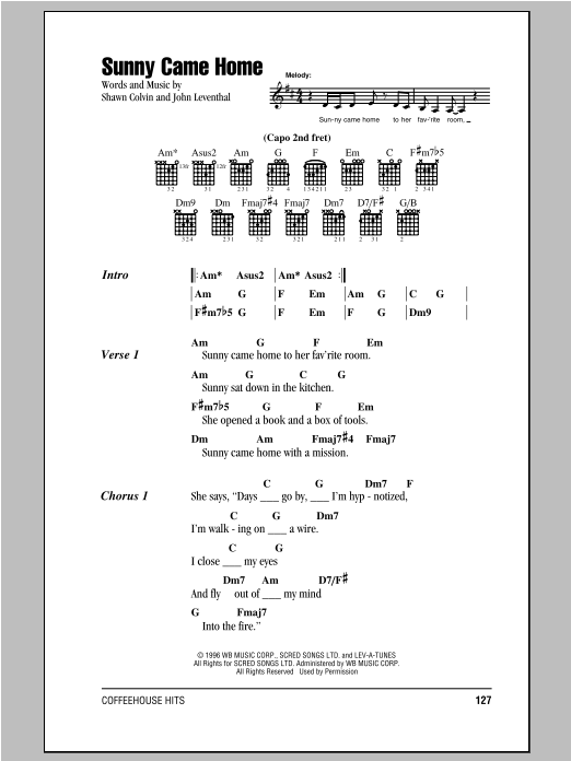 Shawn Colvin Sunny Came Home sheet music notes and chords. Download Printable PDF.