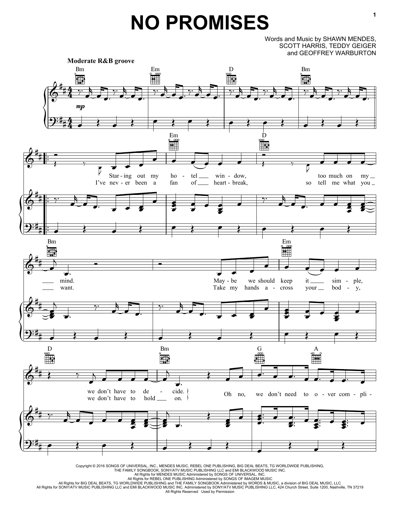 Shawn Mendes "No Promises" Sheet Music & PDF Chords | 4-Page Piano.