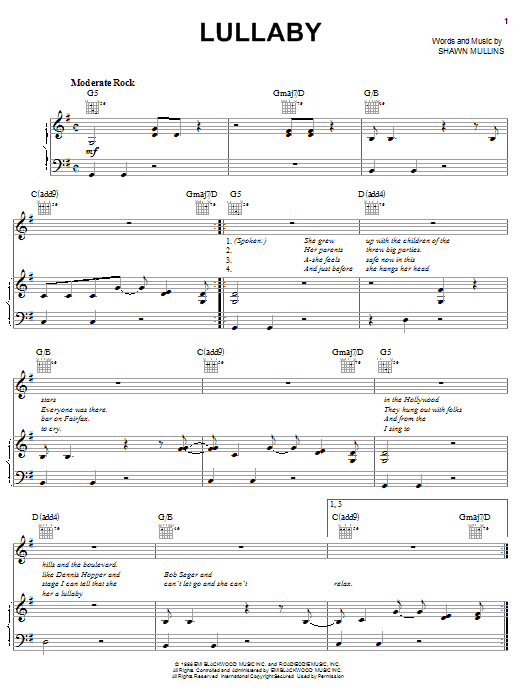 Shawn Mullins Lullaby sheet music for Piano, Vocal & Guitar (Right-Hand Melody) in minutes. Price: 7.8900$ Shawn Mullins Lullaby sheet music notes and chords. Download Printable PDF.