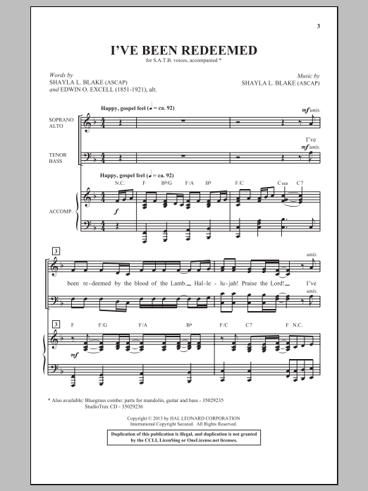 Learn to play Shayla Blake I've Been Redeemed sheet music for SATB Choir in minutes. Price: 3.9900$ Shayla Blake I've Been Redeemed sheet music notes and chords arranged for SATB Choir