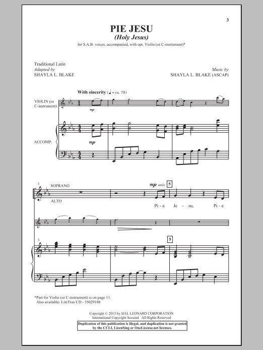 Learn to play Shayla Blake Pie Jesu (Holy Jesus) sheet music for SAB Choir in minutes. Price: 3.9900$ Shayla Blake Pie Jesu (Holy Jesus) sheet music notes and chords arranged for SAB Choir