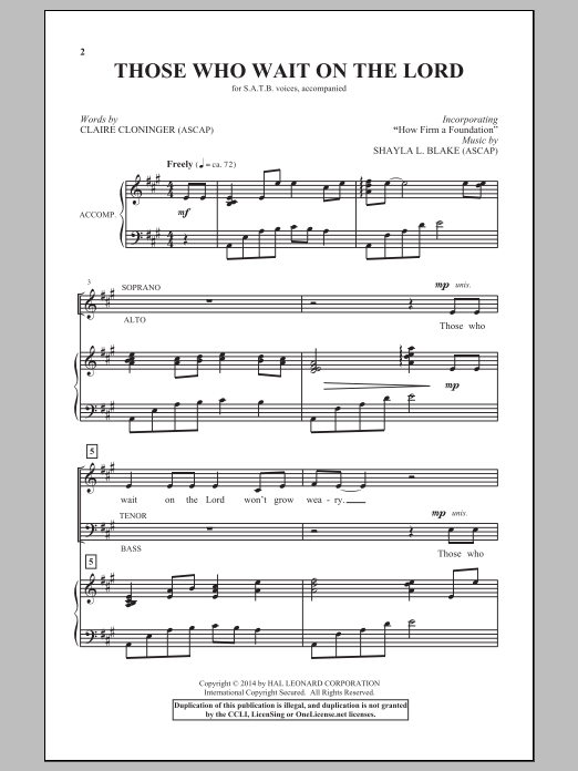 Learn to play Shayla L. Blake Those Who Wait On The Lord sheet music for SATB Choir in minutes. Price: 3.9900$ Shayla L. Blake Those Who Wait On The Lord sheet music notes and chords arranged for SATB Choir