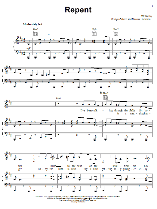 SHeDAISY Repent sheet music notes and chords. Download Printable PDF.