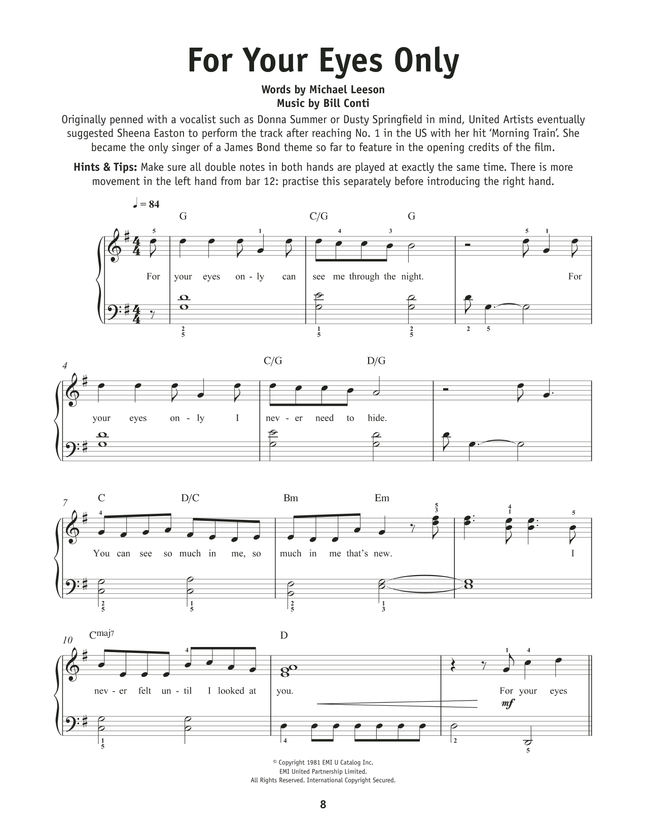 Sheena Easton For Your Eyes Only sheet music notes and chords. Download Printable PDF.