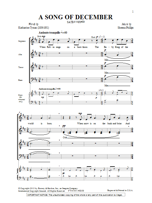 Learn to play Sheena Phillips A Song Of December sheet music for SATB Choir in minutes. Price: 3.9900$ Sheena Phillips A Song Of December sheet music notes and chords arranged for SATB Choir