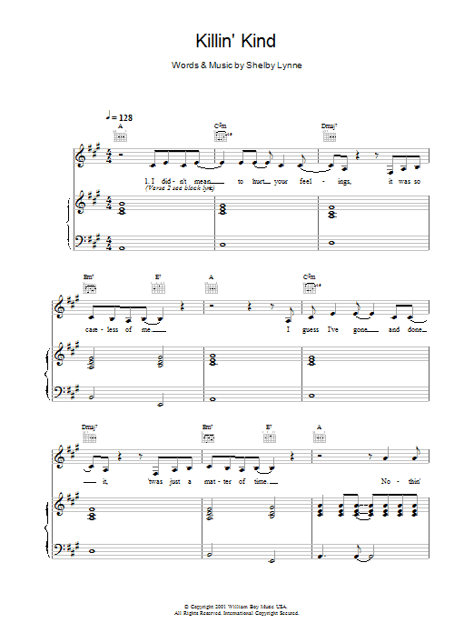 Shelby Lynne Killin' Kind sheet music for Piano, Vocal & Guitar in minutes. Price: 6.7900$ Shelby Lynne Killin' Kind sheet music notes and chords. Download Printable PDF.