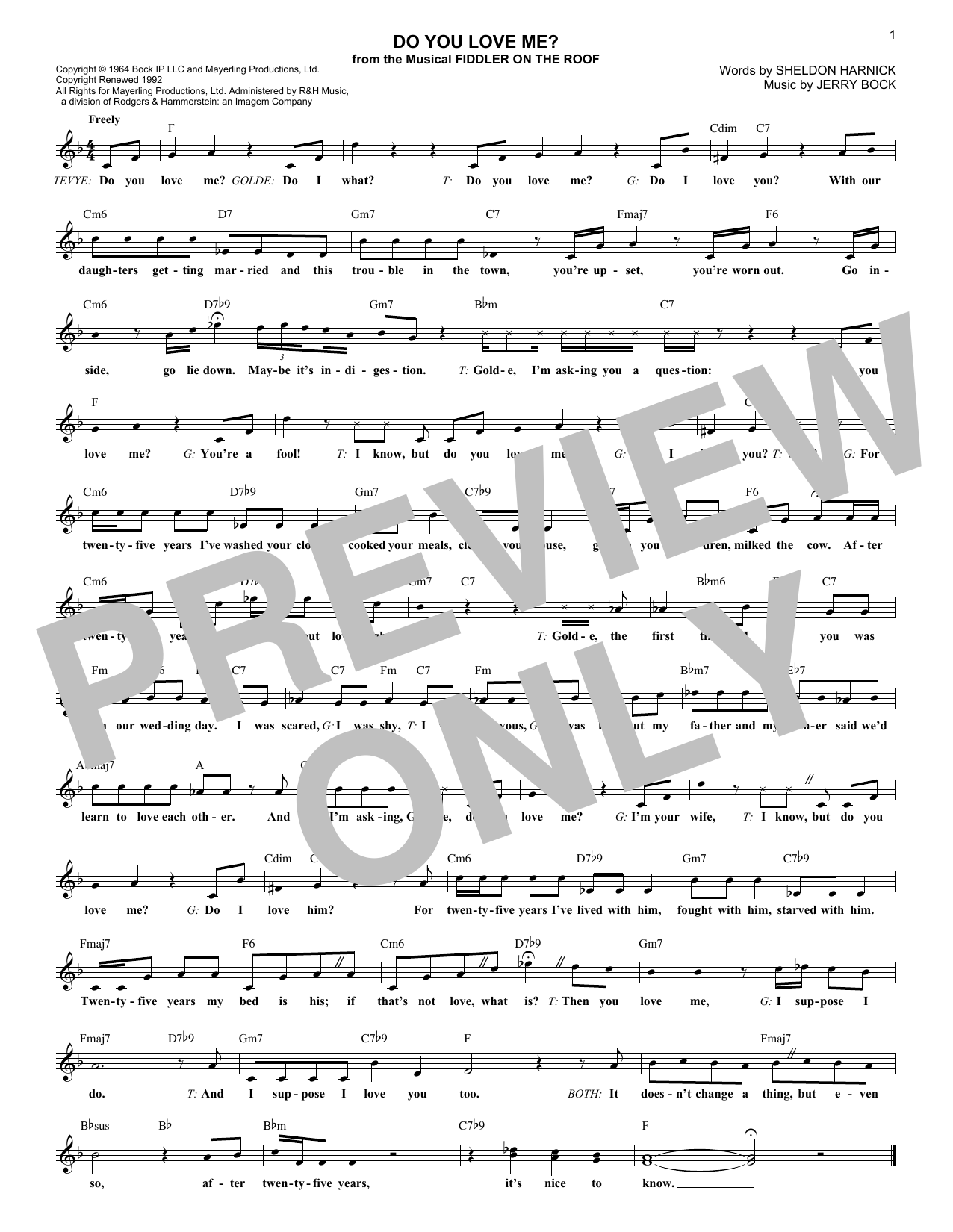 Learn to play Sheldon Harnick Do You Love Me? sheet music for Lead Sheet / Fake Book in minutes. Price: 5.9900$ Sheldon Harnick Do You Love Me? sheet music notes and chords arranged for Lead Sheet / Fake Book