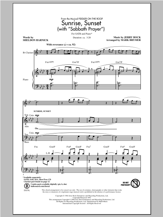 Learn to play Mark Brymer Sunrise, Sunset (with Sabbath Prayer) sheet music for SATB Choir in minutes. Price: 3.9900$ Mark Brymer Sunrise, Sunset (with Sabbath Prayer) sheet music notes and chords arranged for SATB Choir