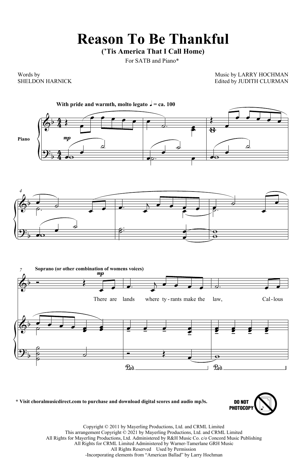 Learn to play Sheldon Harnick and Larry Hochman Reason To Be Thankful ('Tis America That I Call Home) sheet music for SATB Choir in minutes. Price: 3.9900$ Sheldon Harnick and Larry Hochman Reason To Be Thankful ('Tis America That I Call Home) sheet music notes and chords arranged for SATB Choir