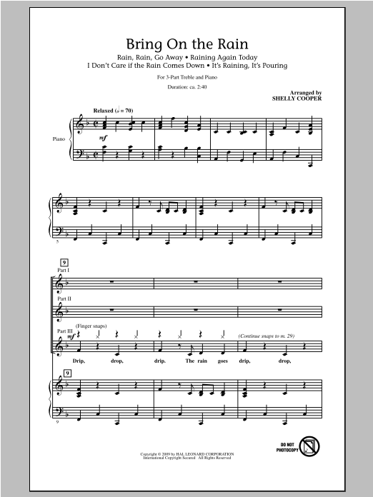 Learn to play Shelly Cooper Bring On The Rain (Medley) sheet music for 3-Part Treble Choir in minutes. Price: 3.9900$ Shelly Cooper Bring On The Rain (Medley) sheet music notes and chords arranged for 3-Part Treble Choir