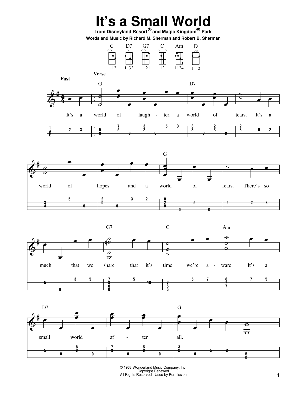 Sherman Brothers It's A Small World sheet music notes and chords. Download Printable PDF.