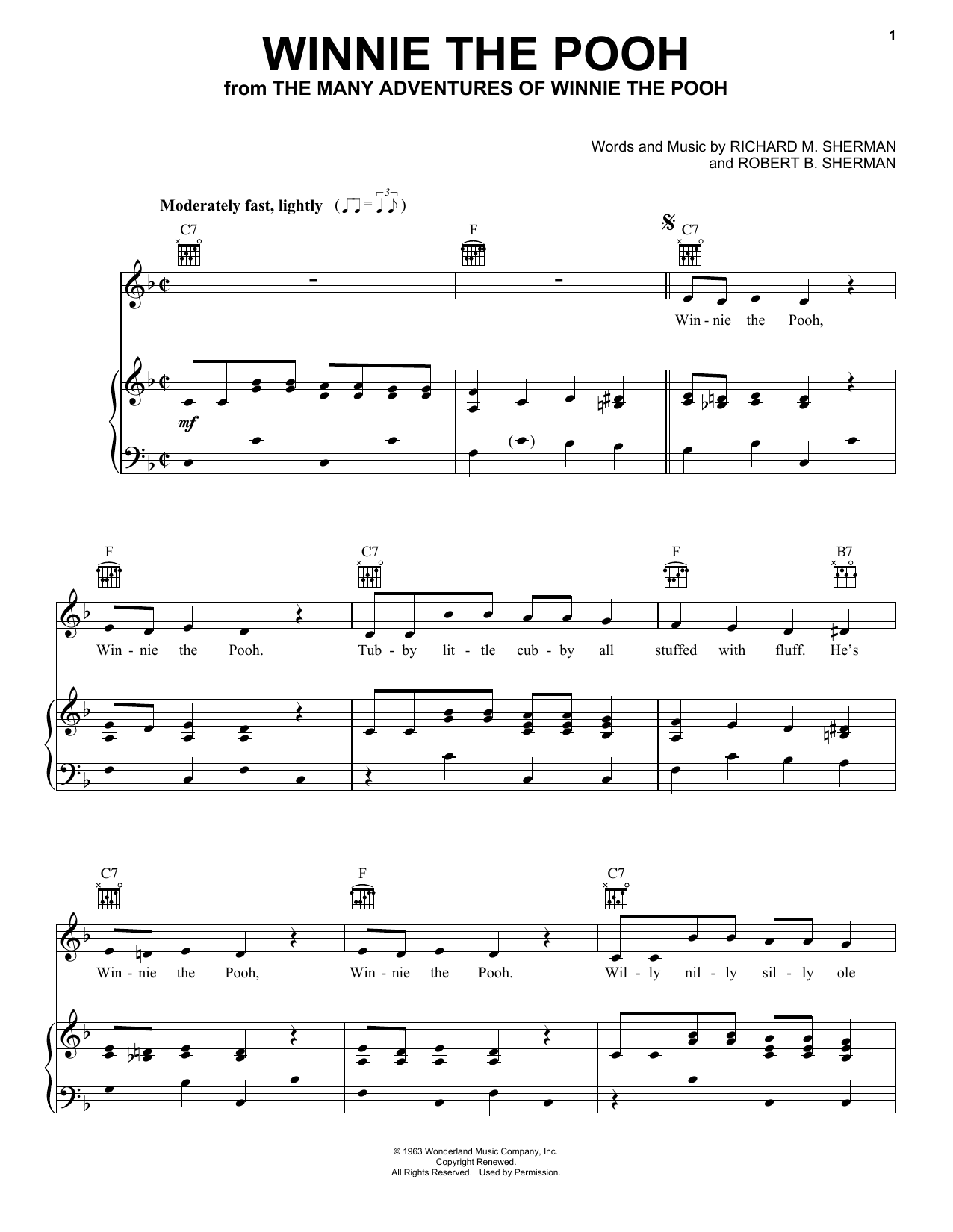 Sherman Brothers Winnie The Pooh sheet music notes and chords - Download Printable PDF and start playing in minutes.