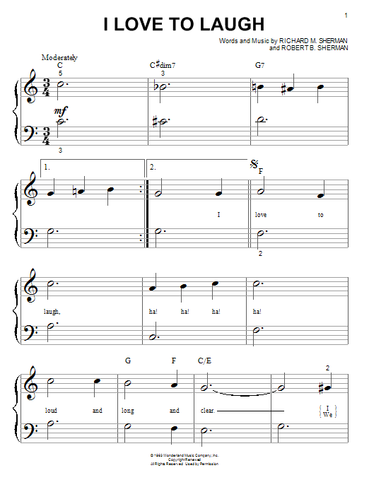 Learn to play Sherman Brothers I Love To Laugh sheet music for Big Note Piano in minutes. Price: 6.9900$ Sherman Brothers I Love To Laugh sheet music notes and chords arranged for Big Note Piano