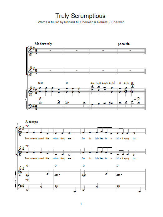 Learn to play Sherman Brothers Truly Scrumptious (from Chitty Chitty Bang Bang) sheet music for Choir in minutes. Price: 3.9900$ Sherman Brothers Truly Scrumptious (from Chitty Chitty Bang Bang) sheet music notes and chords arranged for Choir