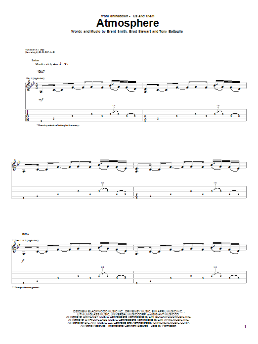 Shinedown Atmosphere sheet music for Guitar Tab in minutes. Price: 6.7900$ Shinedown Atmosphere sheet music notes and chords. Download Printable PDF.