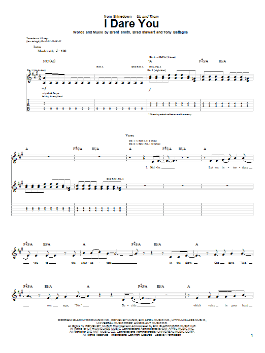 Shinedown I Dare You sheet music notes and chords. Download Printable PDF.