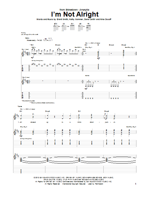 Shinedown I'm Not Alright sheet music notes and chords. Download Printable PDF.