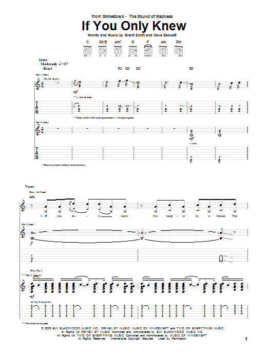 Shinedown If You Only Knew sheet music notes and chords. Download Printable PDF.