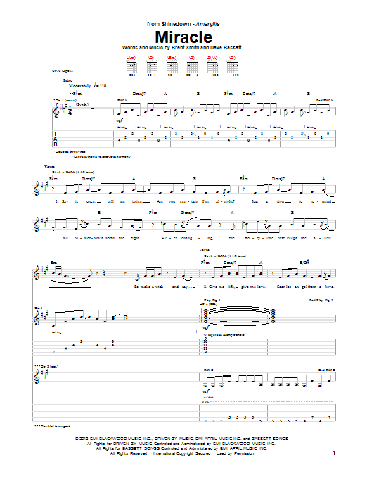 Shinedown Miracle sheet music notes and chords. Download Printable PDF.