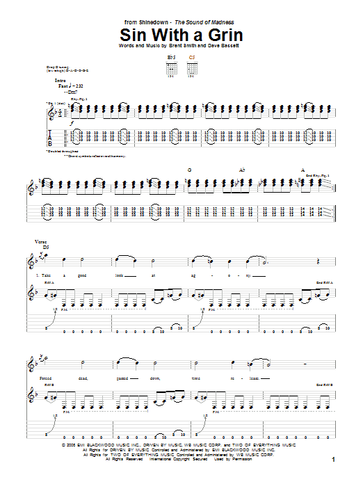 Shinedown Sin With A Grin sheet music notes and chords. Download Printable PDF.