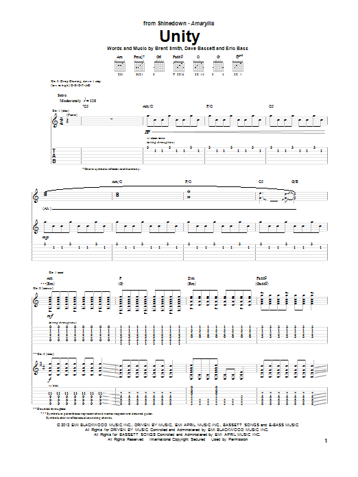 Shinedown Unity sheet music notes and chords. Download Printable PDF.