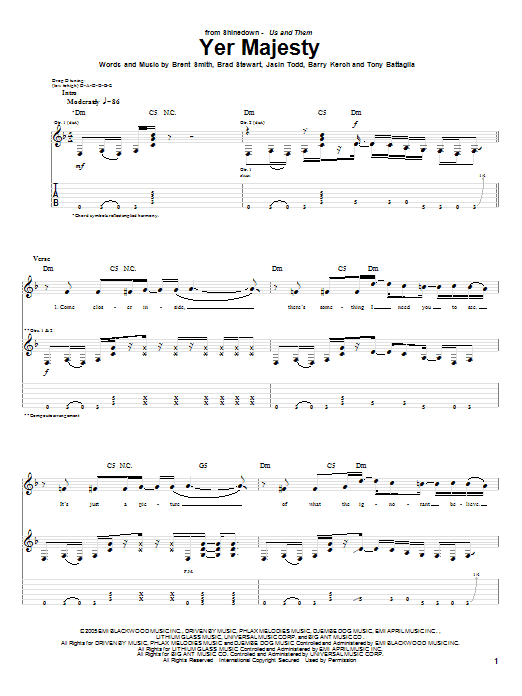 Shinedown Yer Majesty sheet music notes and chords. Download Printable PDF.