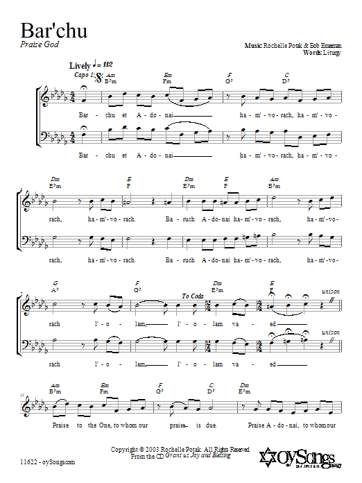 Shir Harmony Bar'chu sheet music notes and chords. Download Printable PDF.