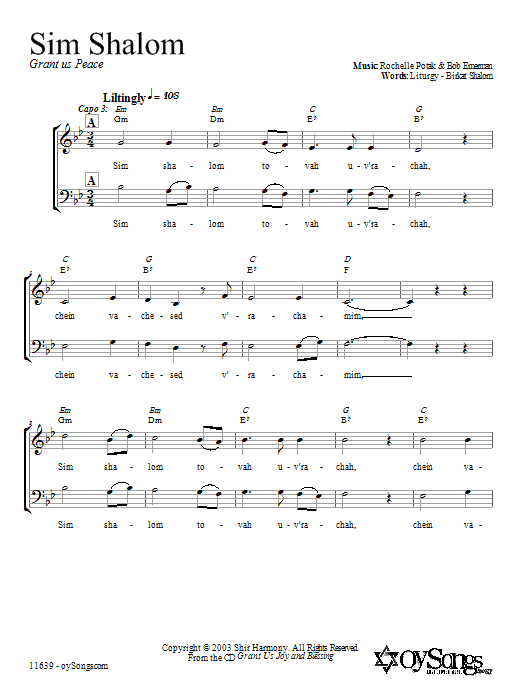 Shir Harmony Sim Shalom sheet music notes and chords. Download Printable PDF.