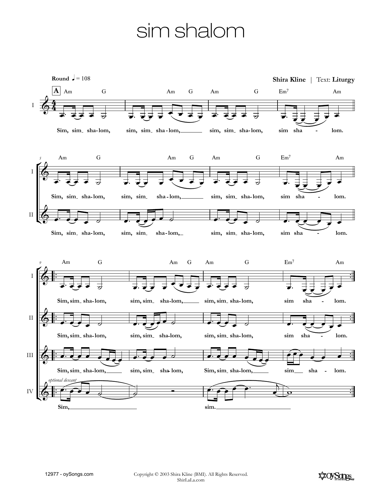 Shira Kline Sim Shalom sheet music notes and chords. Download Printable PDF.