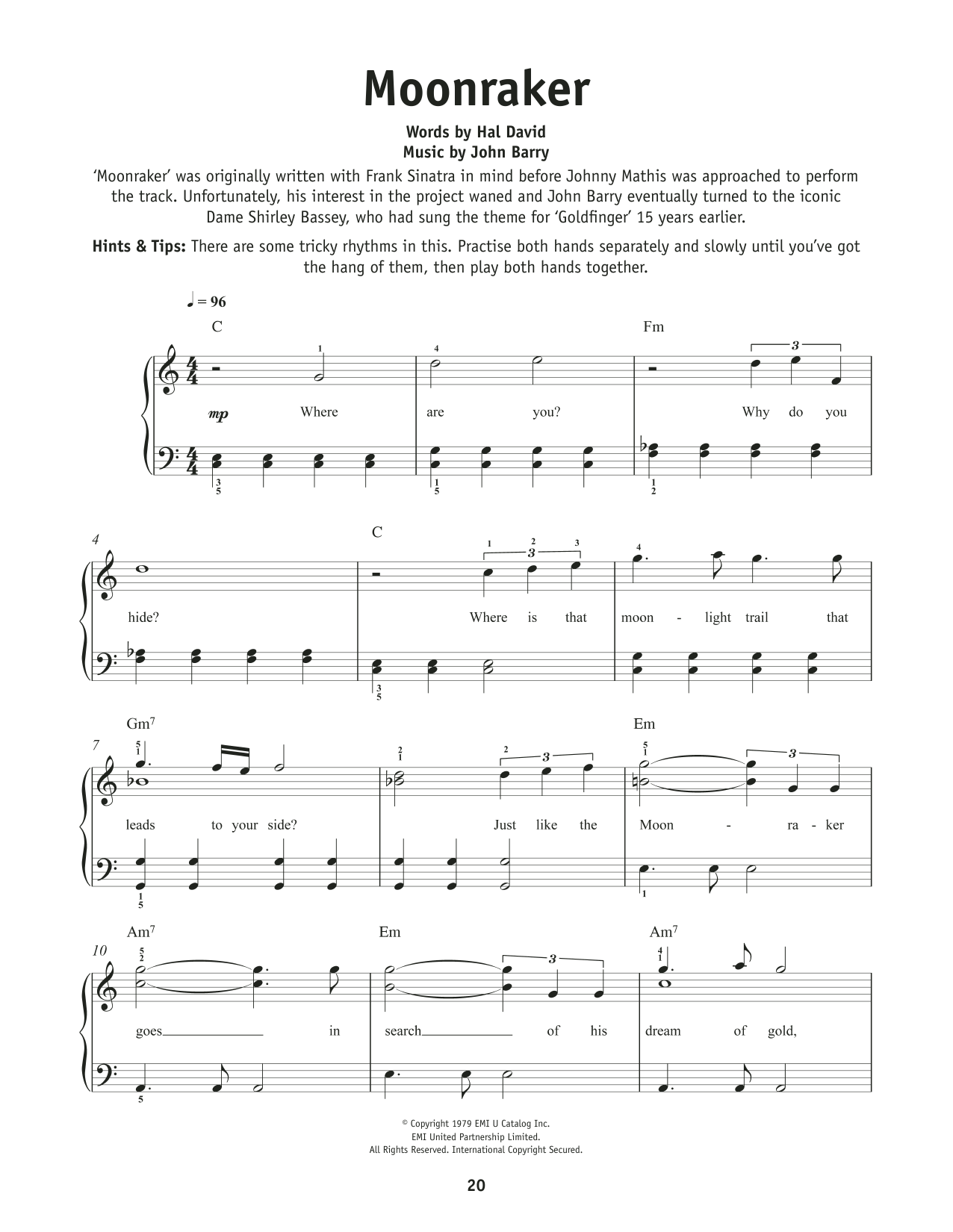 Shirley Bassey Moonraker sheet music notes and chords. Download Printable PDF.