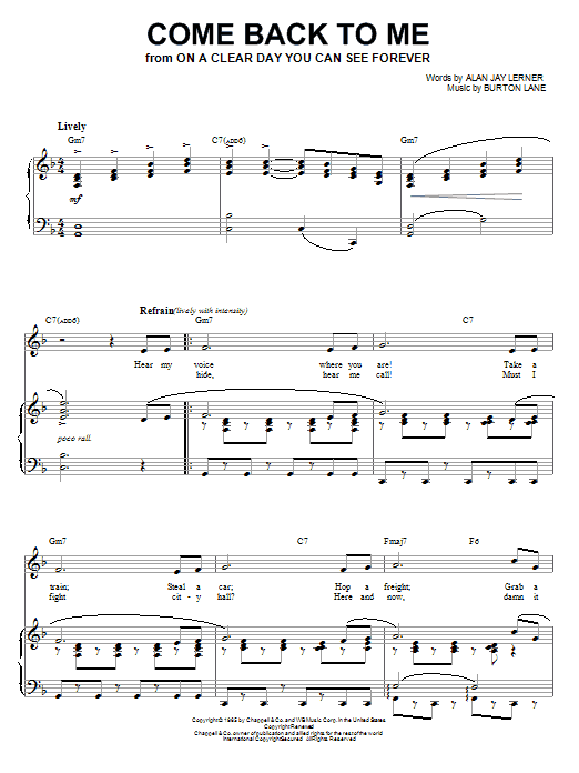 Learn to play Shirley Horn Come Back To Me sheet music for Piano, Vocal & Guitar (Right-Hand Melody) in minutes. Shirley Horn Come Back To Me sheet music notes and chords. Download Printable PDF.