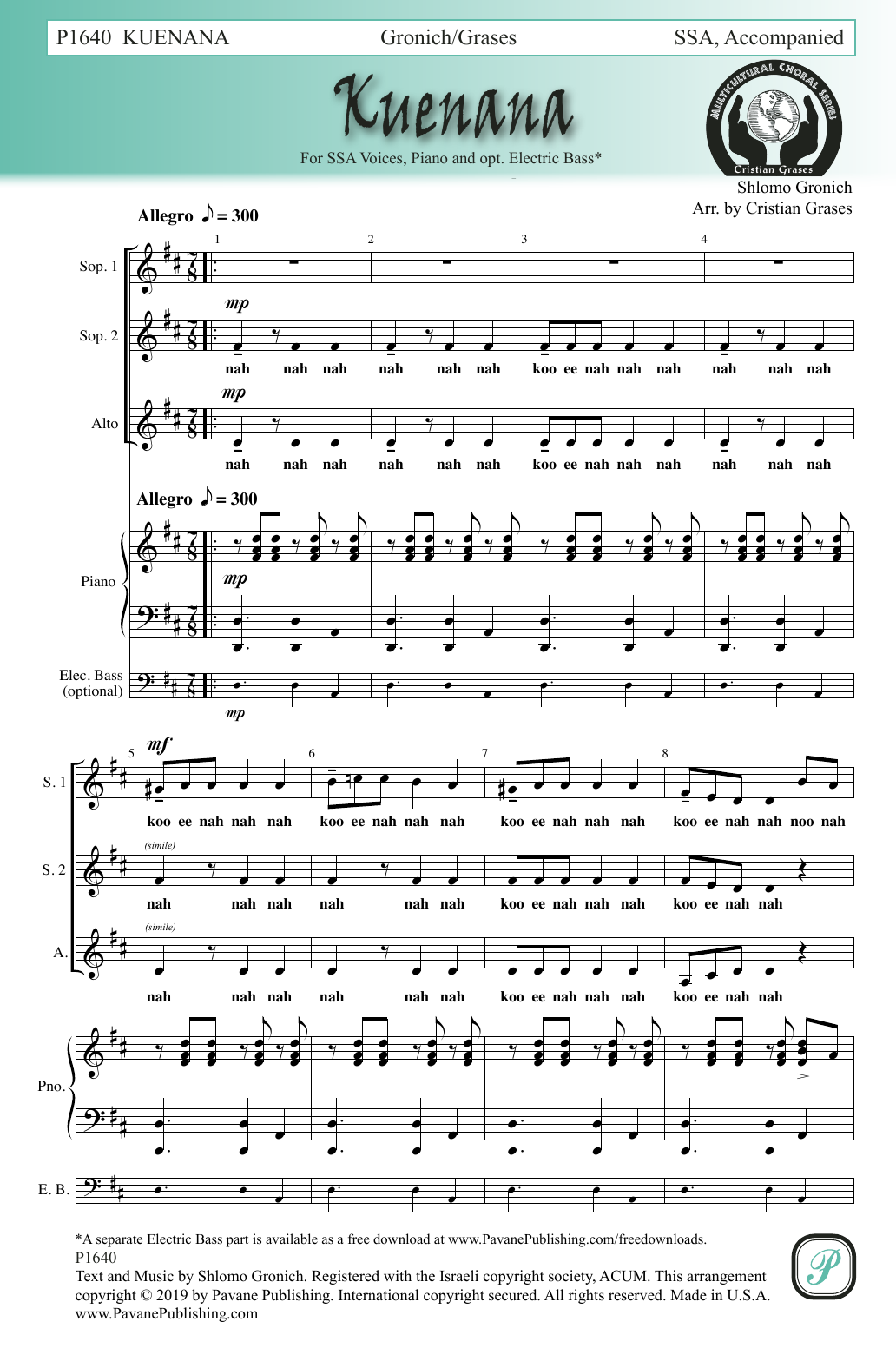 Learn to play Shlomo Gronich Kuenana (arr. Cristian Grases) sheet music for SSA Choir in minutes. Price: 3.9900$ Shlomo Gronich Kuenana (arr. Cristian Grases) sheet music notes and chords arranged for SSA Choir